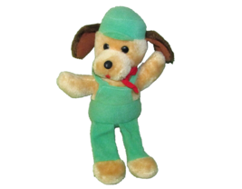 11&quot; Vintage Plush Dog Train Conductor Tan Green Overalls Red Scarf Floppy Legs - £9.12 GBP
