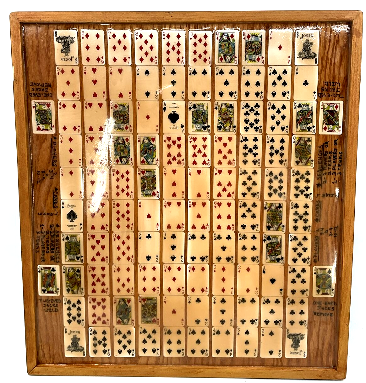 Primary image for Vintage Antique Homemade SEQUENCE Board Game Wooden Glossy Cards One-Eyed-Jacks