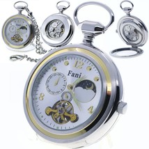 Pocket Watch Mechanical Tourbillon Moon Phase Silver Men Small Second 46 MM 298 - £40.20 GBP