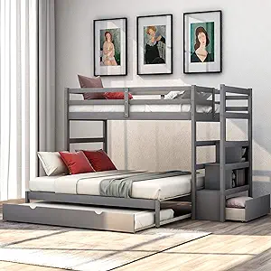 , Wood Extendable Bunkbed Frame With Trundle, Storage Staircase, 2 Open ... - $845.99