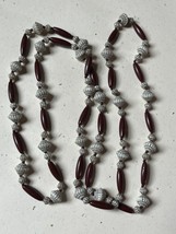 Vintage Long Burgundy Barrel &amp; Etched White Plastic Bead Necklace – 43 inches  - £11.87 GBP