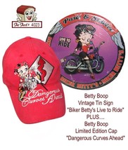 Betty Boop Dangerous Curves Ahead Biker Hat &amp; Betty&#39;s Parts &amp; Service Tin Sign - £25.91 GBP