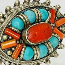 Vtg Ring Artisan Silver Tone Sz 6.25 Turquoise Coral Colored Stones Native Style - £15.89 GBP