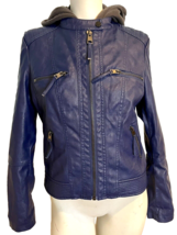 Cielo Basic Outerwear Blue Faux Leather Jacket with Gray Knit Hood Size S - $23.74