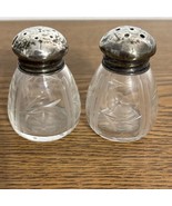 Vintage Etched Glass &amp; Sterling Silver Top Lids Small Salt And Pepper Sh... - $16.65