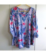 Denim &amp; Co. XL Floral Stripe  Womens BlouseTop Marine 3/4 Sleeves Tulip ... - $224.18 MXN