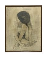 Charcoal Pencil Drawing Seated Female Nude Hat Signed Initials Framed 16x21 - $113.33 CAD