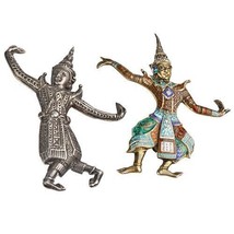 VINTAGE TWO STERLING SILVER SIAM DANCERS BROOCHES, ONE DECORATED WITH EN... - £66.62 GBP