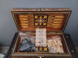 Backgammon &amp; Checkers Inlaid Wood Board Box w/ Mini Pair Dice Pieces - $77.39