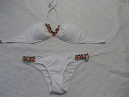 Laundry By Shelli Segal Beaded V-Neck Halter Bikini Top &amp; Bottom White S-$158 - £36.37 GBP