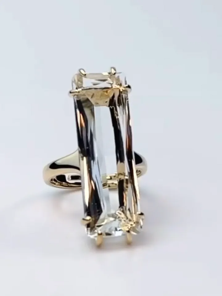 Ring gilded with a large rectangular crystal stone, one-size adjustable ... - $89.00