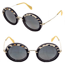 Miu Miu Noir 08R Black Suede Leather Gold Leopard Round Retro Sunglasses MU08RS - £195.43 GBP
