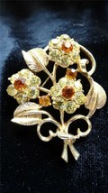 Coro Gold tone Prong Set Topaz and Tangerine Rhinestones Bouquet Flower ... - $35.00