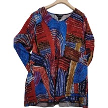 Ali Miles Top Womens XL Red Abstract Tunic Lagenlook Long Sleeves Artsy Bohemian - £31.36 GBP