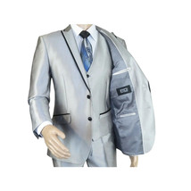 Men Tuxedo Formal Suit ROYAL DIAMOND Slim Fit 3Pc Vested shiny Satin SL82 Silver image 3