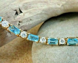 8.46CT Emerald Cut Simulated  London Blue Topaz Bracelet Gold Plated 925 Silver  - £166.14 GBP