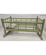 Vintage Wooden Rocking Doll Cradle Crib Bed  Seafoam Green Paint  W/pillow  - $401.87 MXN
