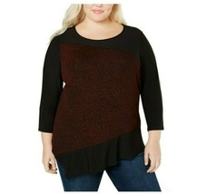 NY Collection Womens Plus Size 2X Red Black Sparkle Asymmetrical Hem Blouse NEW - £13.84 GBP