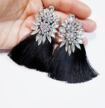 Black Tassel Drop Earrings, Bridesmaid Rhinestone Earrings, 3.5 Inch Pageant Jew - £35.04 GBP