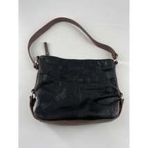 Stone Mountain Black Leather Brown Trim Tote Shoulder Bag Zipper Pocket ... - $143.46 MXN