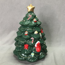 COOKIE JAR CERAMIC CHRISTMAS TREE MULTI COLORED PREOWNED LID HAS CRACK READ - $13.00