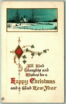 Happy Christmas Scripted Text Winter Cabin Scene Embossed 1919 DB Postcard I7 - £5.45 GBP