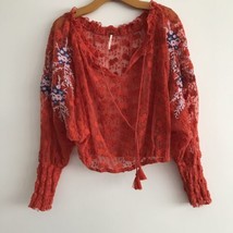 Free People Jubilee Embroidered Shirt XS Red Mesh Sheer Floral Long Puff... - $37.01