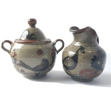 Tonala Mexican Pottery Creamer Sugar Bowl Set Bird Floral Vintage - £21.65 GBP