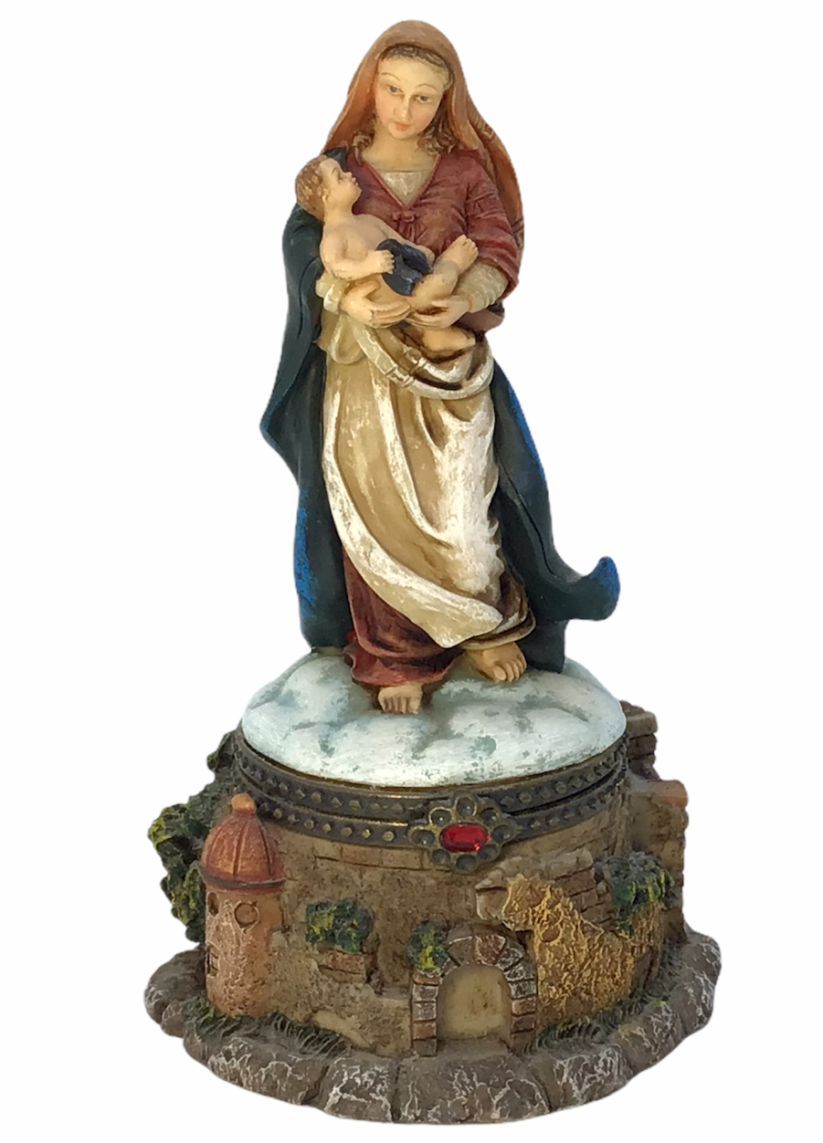 Enesco Virgin Mother Mary & Baby Jesus Hinged Trinket Box Figure 5.75" Vintage - $18.00