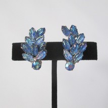Vintage Silvertone Clip On Earrings Iridescent Blue Leaf Glass Mid Century - £21.69 GBP