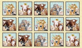 24&quot; X 44&quot; Panel Happy Farm Animals Cows Sheep Dogs Cream Cotton Fabric D371.60 - £6.90 GBP