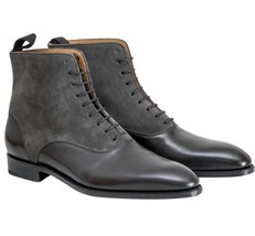 Handmade Men Two Tone Ankle Boot, Mens Black Leather And Gray Suede leather boot - £144.32 GBP