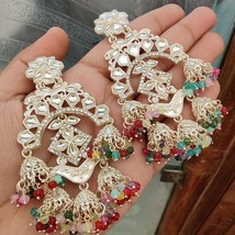 Indian Gold Plated Bollywood Style CZ Kundan Jhumka Big Earrings Jewelry Set - £29.87 GBP