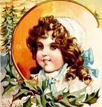 Victorian Style Holly Greeting Card 1908 Postcard Girl In Bonnet Winter PCBG11B - $19.99