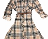 Beige Black Plaid Rolled Tab Sleeve Shirt Dress Button Down Belted Micro... - $15.74
