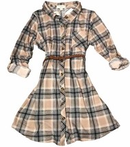 Beige Black Plaid Rolled Tab Sleeve Shirt Dress Button Down Belted Micro... - £12.58 GBP