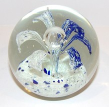 Fabulous Large Art Glass Blue &amp; White Flower With Bubble 4&quot; Paperweight - £38.29 GBP