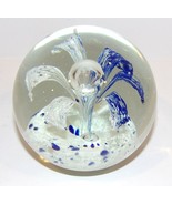 FABULOUS LARGE ART GLASS BLUE &amp; WHITE FLOWER WITH BUBBLE 4&quot; PAPERWEIGHT - £38.24 GBP