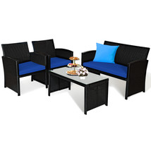 Patio 4PCS Rattan Furniture Conversation Set Cushion Table Sofa Garden Navy - £305.51 GBP