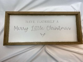 Have Yourself A Merry Little Christmas Sign White Silver Sparkles Natural Wood - £9.51 GBP