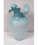 Antique Mt Washington Blue Satin Glass Vase Quilted Diamond Pattern Ruffled - $93.47
