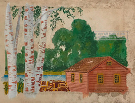 Cabin by Lake w Birch Trees 1949 Van Zeltz * Vintage Watercolor Painting rustic - £106.78 GBP