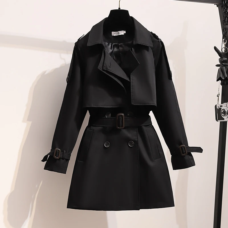 Autumn  Short black Trench Coat Casual Streetwear Double Breasted Belt  ... - £235.89 GBP