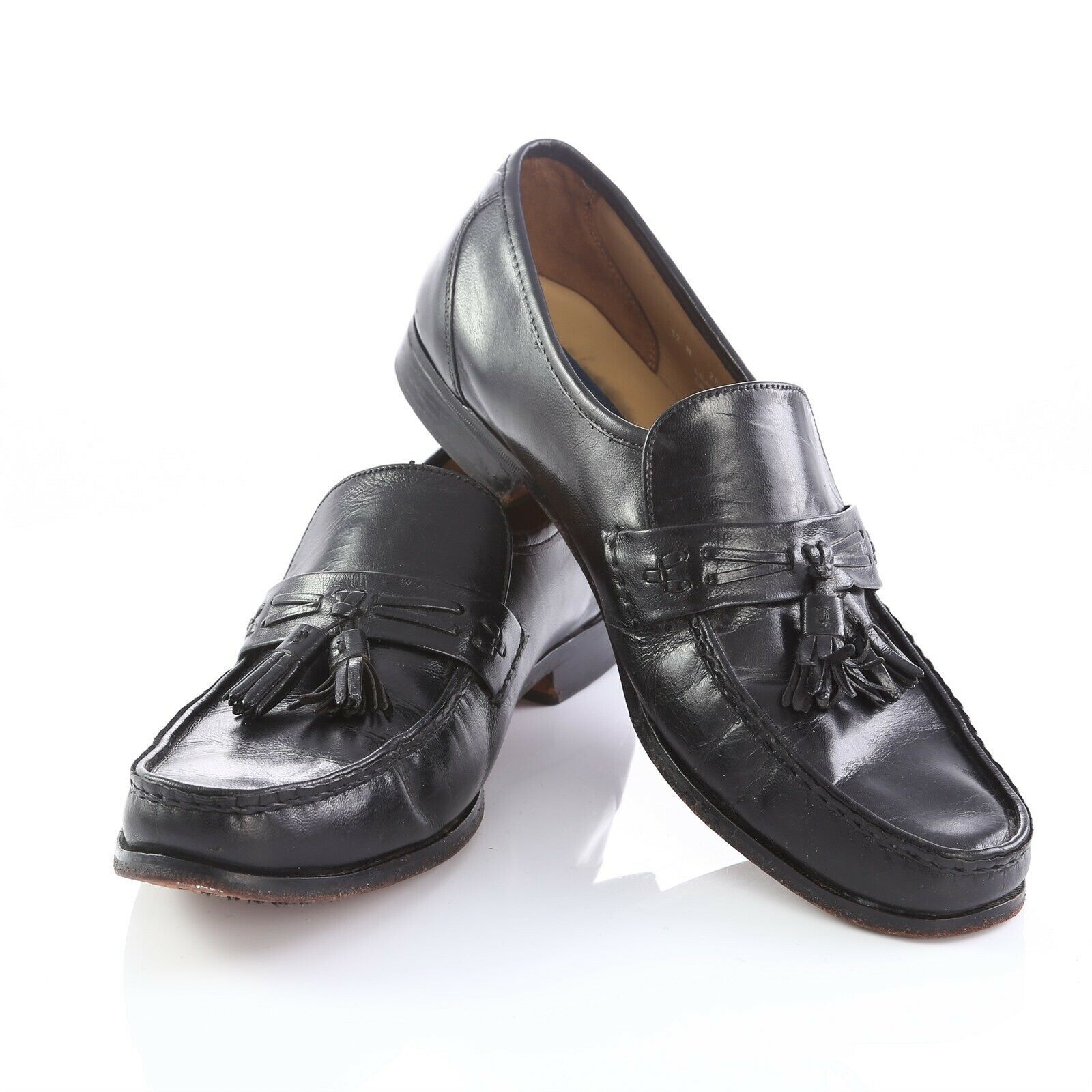 Bostonian Stockbridge Black Leather Tassel Loafers Shoes Apron Toe Mens 12 N - $24.67