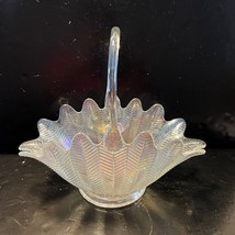 Vintage L E Smith Feather Fern Clear Iridescent Glass Basket - $74.25