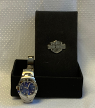 2007 Bulova Harley Davidson Ladies Wrist Watch in Box Blue Face Clear Stone - £135.85 GBP