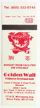 Golden Wall Chinese Restaurant - Sioux Falls, South Dakota 20RS Matchbook Cover - £1.18 GBP
