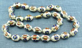 Cloisonne Burgundy Blue Flower Hand Knotted White Oval Bead 24 in Necklace - $94.95