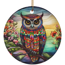 Funny Owl Bird Ornament Colors Stained Glass Art Flower Wreath Christmas Gift - £12.01 GBP