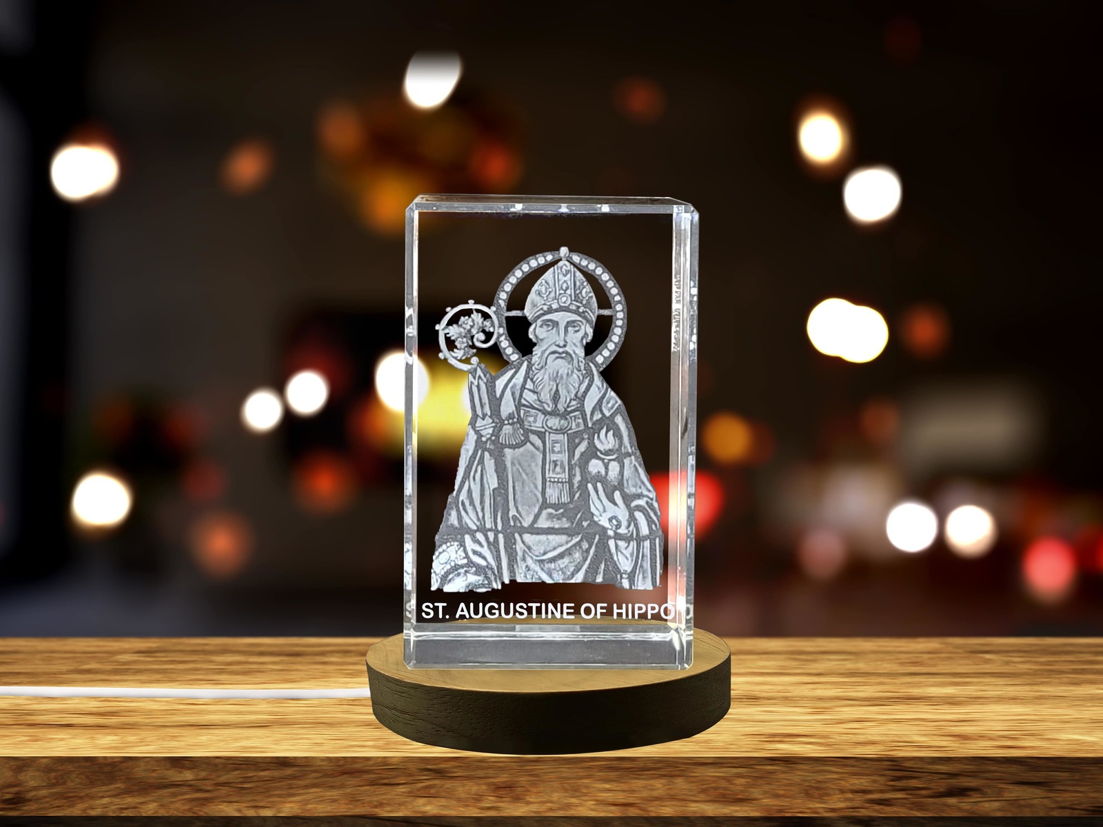 LED Base included | St. Augustine of Hippo| Religious 3D Engraved Crystal